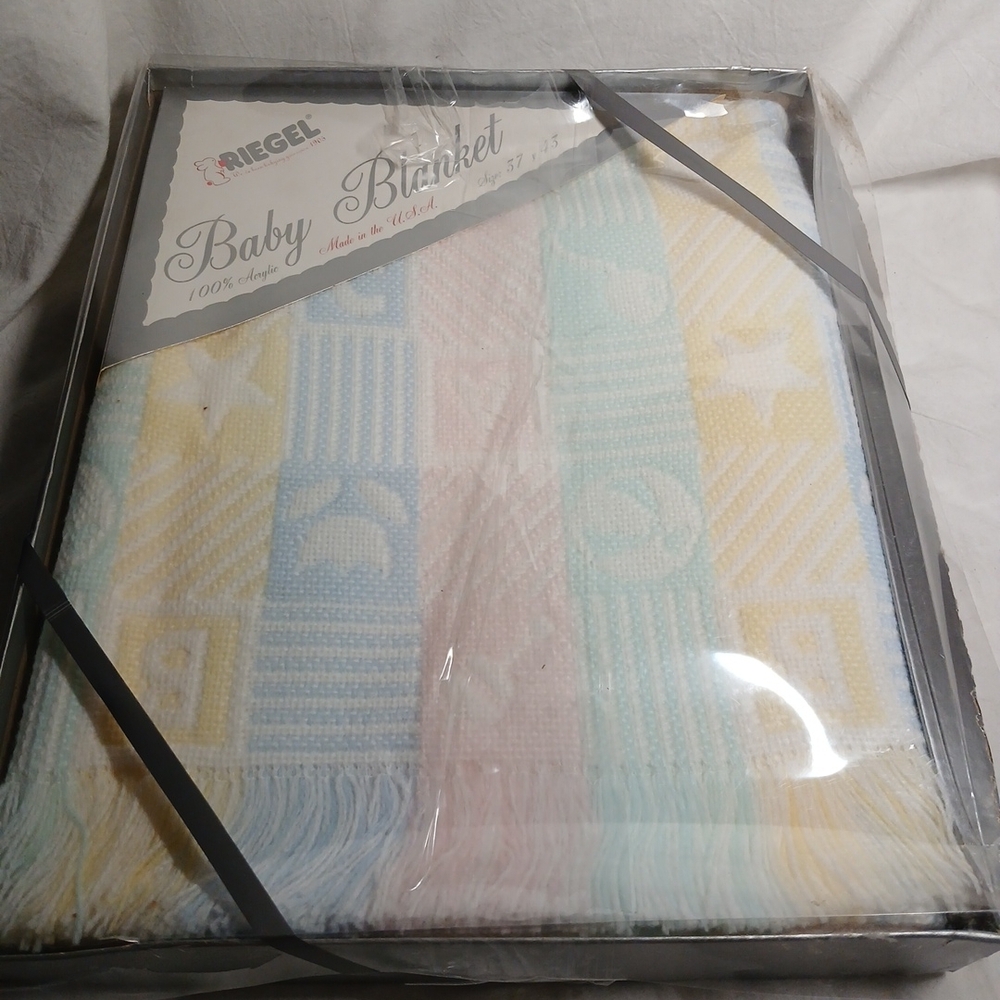 Riegel Pastel Baby Blanket Pink Blue Yellow White NEW Vintage Classic